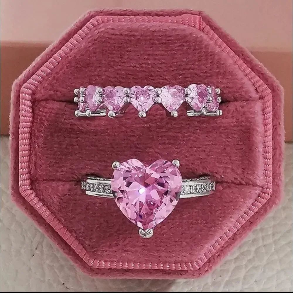 ✨️ 925 Sterling Silver Plated Heart Double Band Ring Set